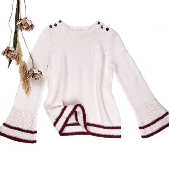 New Loft Cream Red Trim Gold Button Bell Sleeve Sweater Sz Xs - Picture 2 of 14